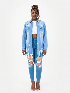 American Bazi Light Blue Distressed Denim Button-Down Shirt